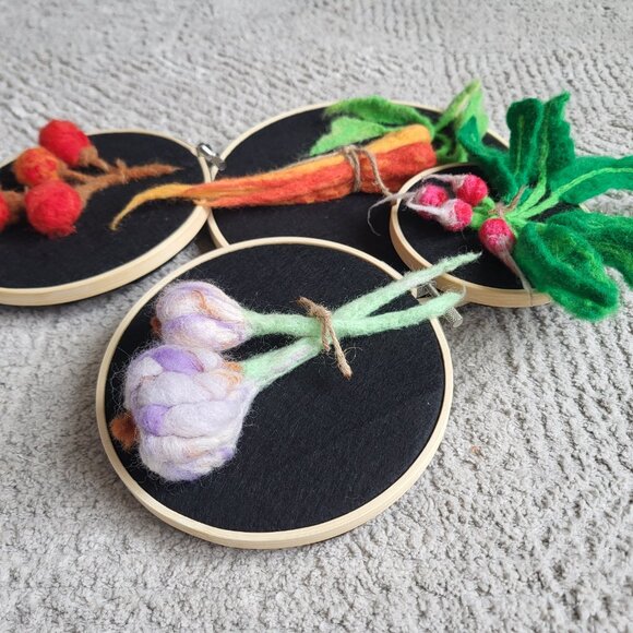 Vegetables on Embroidery Hoops | Handmade | Wool Needle Felting - Bundle of 4 - Picture 2 of 16